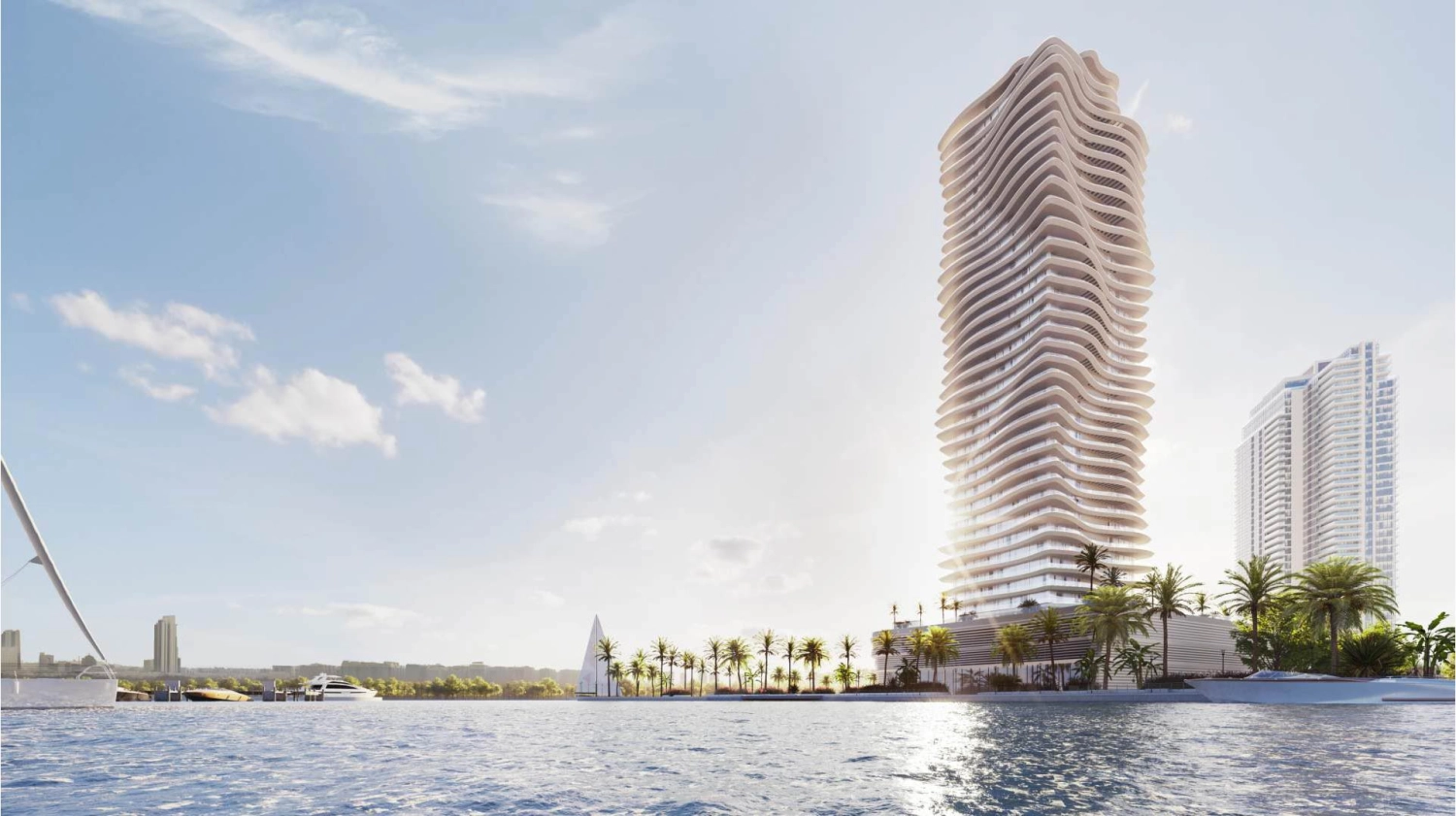 Elegant glass façade of Elie Saab Waterfront towers in Abu Dhabi